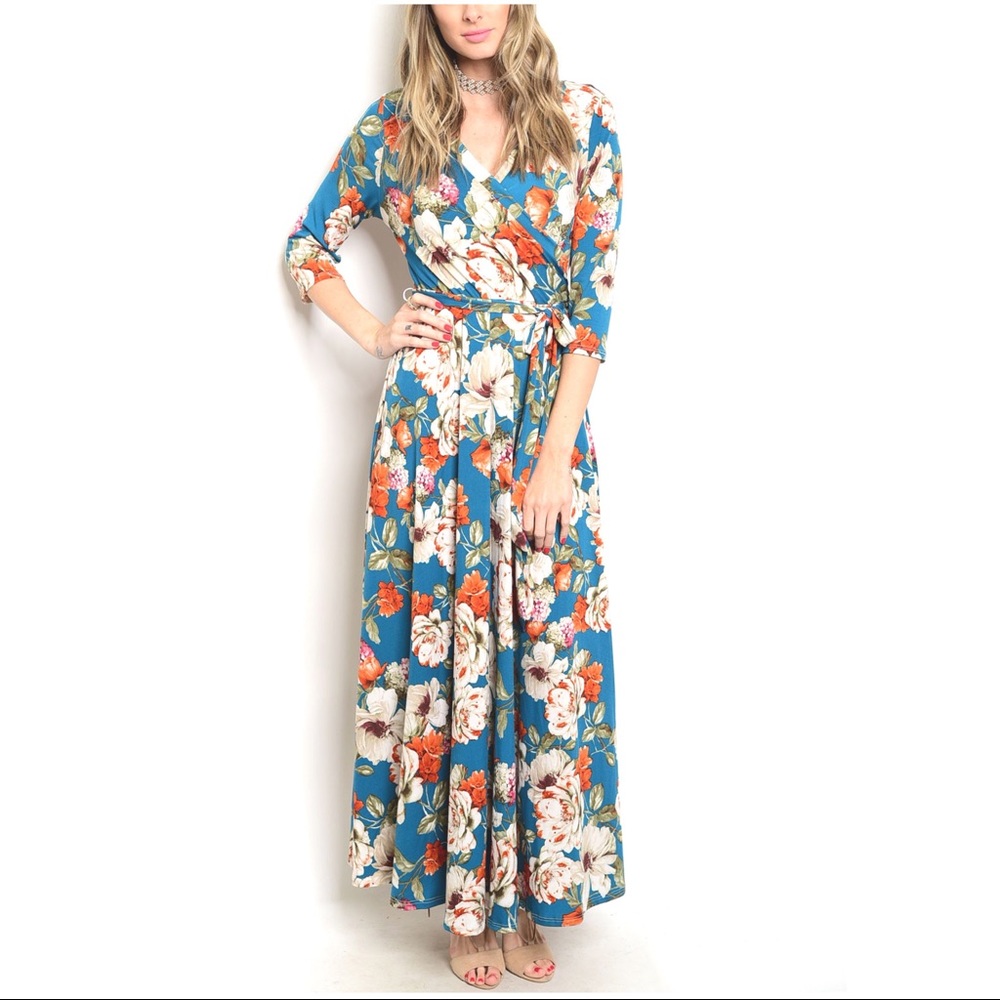 vintage inspired teal & rust floral maxi dress